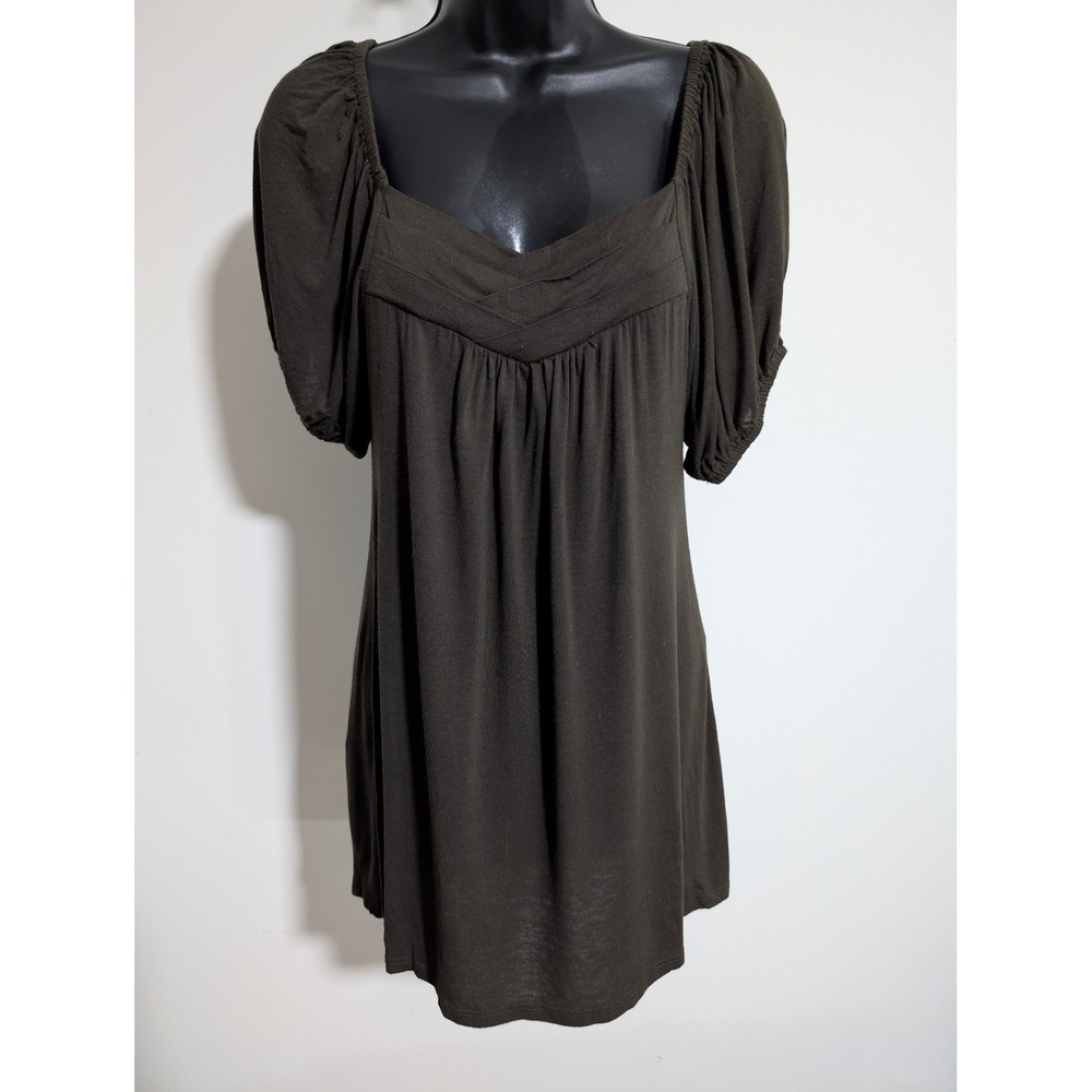Piace Olive Green Dress Puff Short Sleeve Square Neck Shirt Dress Small
